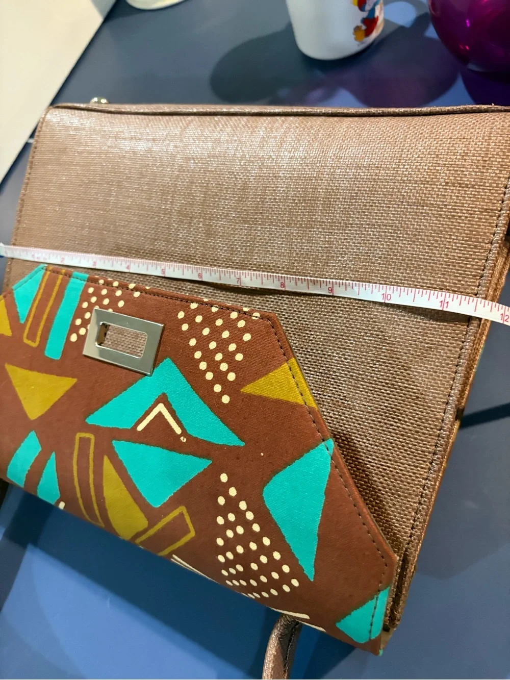 Stylish Brown Canvas Top-Handle Bag with Teal & Mustard Geometric Flap